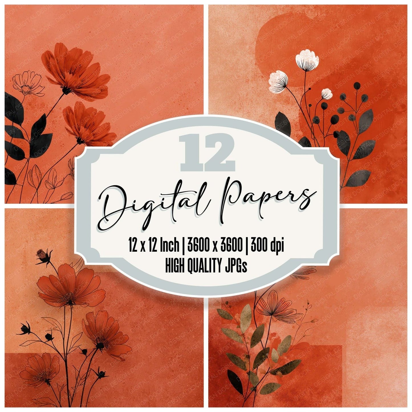 Terracotta Floral Block Background Digital Paper Pack (DDD007766)
