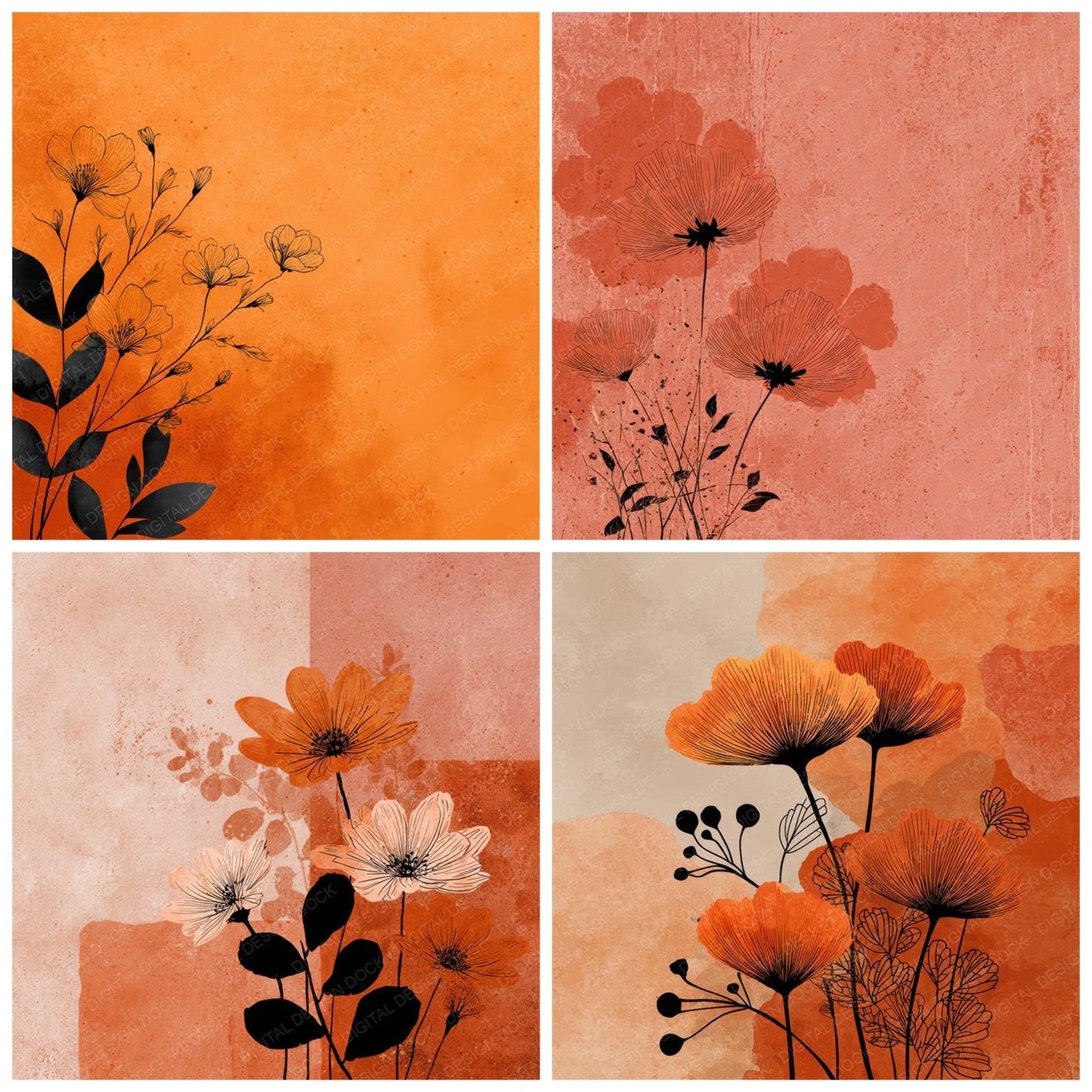 Terracotta Floral Block Background Digital Paper Pack (DDD007766)