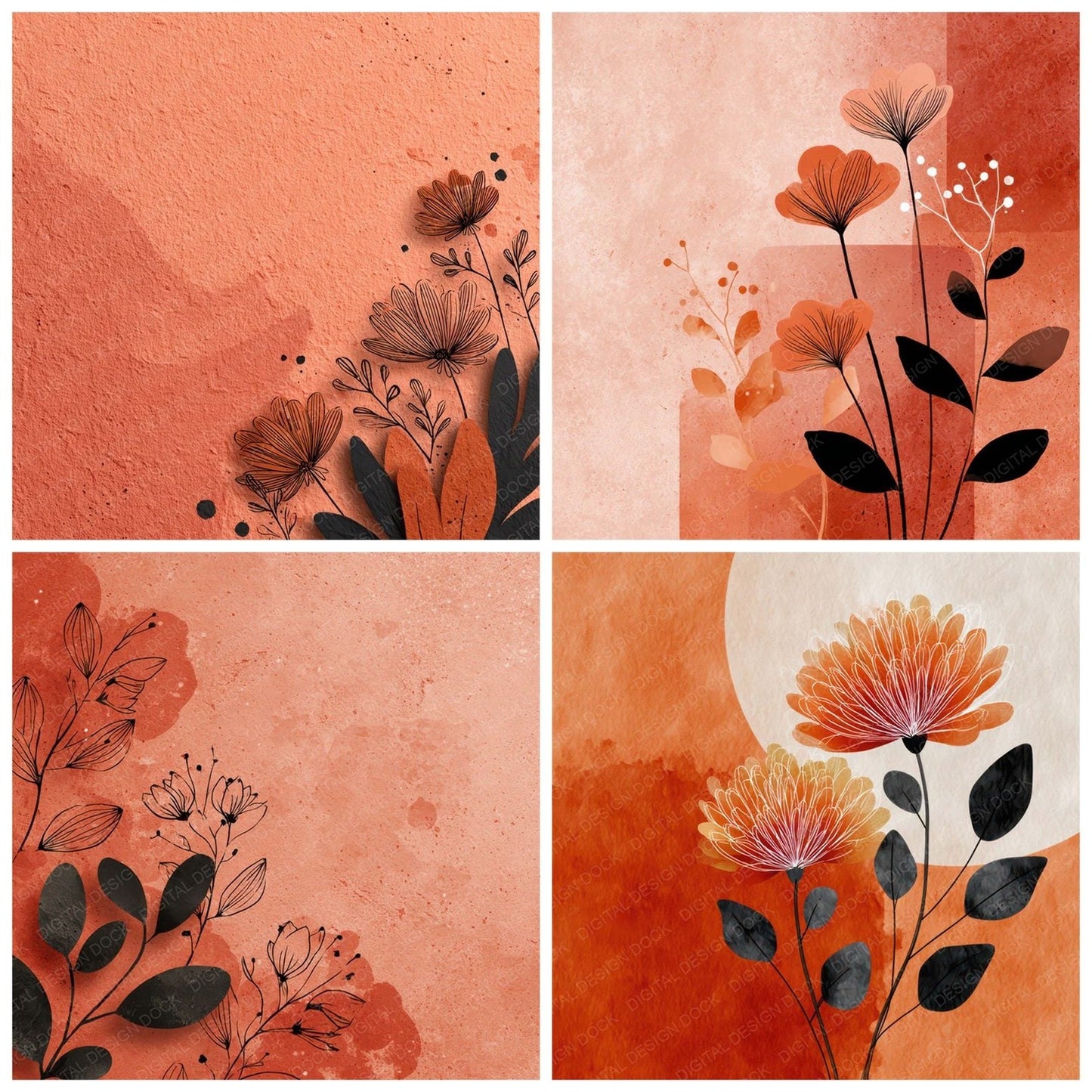 Terracotta Floral Block Background Digital Paper Pack (DDD007766)