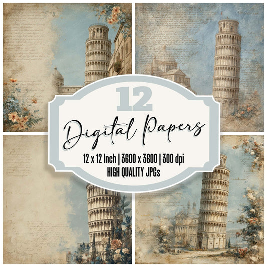 Italy Romance Landmark Pisa Tower Digital Paper Pack (DDD007797)