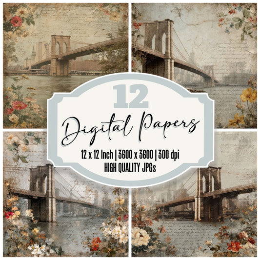 Modern Engineering Landmark Brooklyn Bridge Digital Paper Pack (DDD007815)