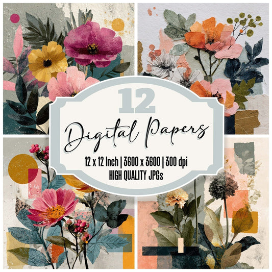 Collage Sketch Floral Background Digital Paper Pack (DDD007828)
