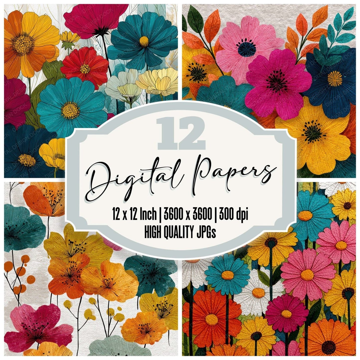 Colour Pen Floral Background Digital Paper Pack (DDD007829)