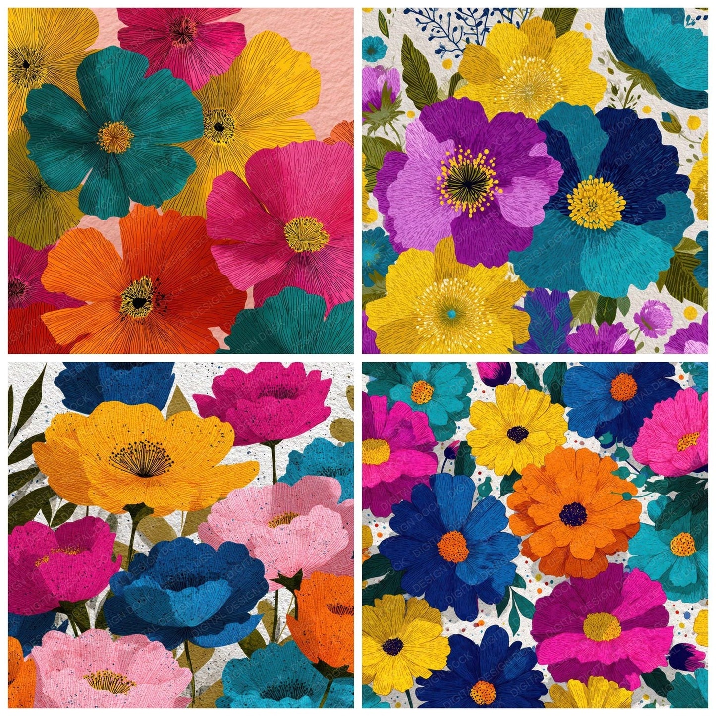 Colour Pen Floral Background Digital Paper Pack (DDD007829)