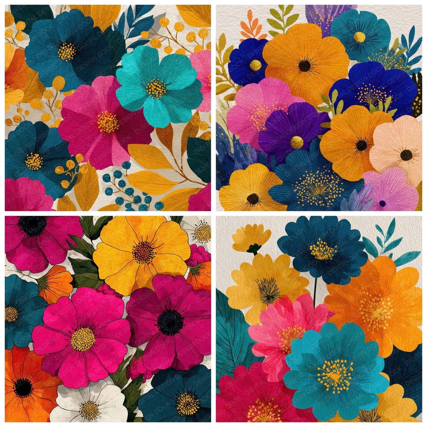 Colour Pen Floral Background Digital Paper Pack (DDD007829)