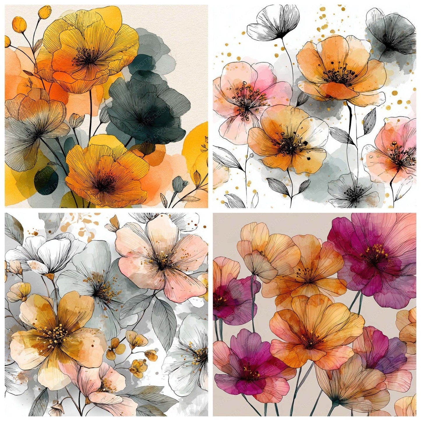 Fashion Sketch Floral Background Digital Paper Pack (DDD007833)