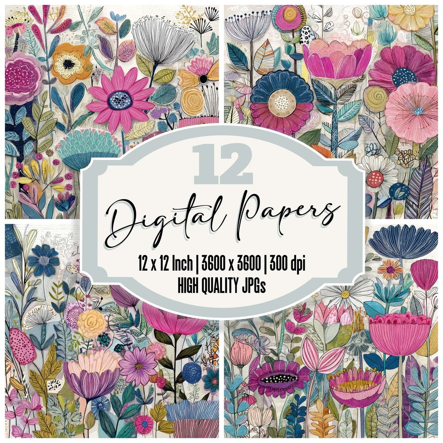 Folk Art Floral Watercolour Background Digital Paper Pack (DDD007835)