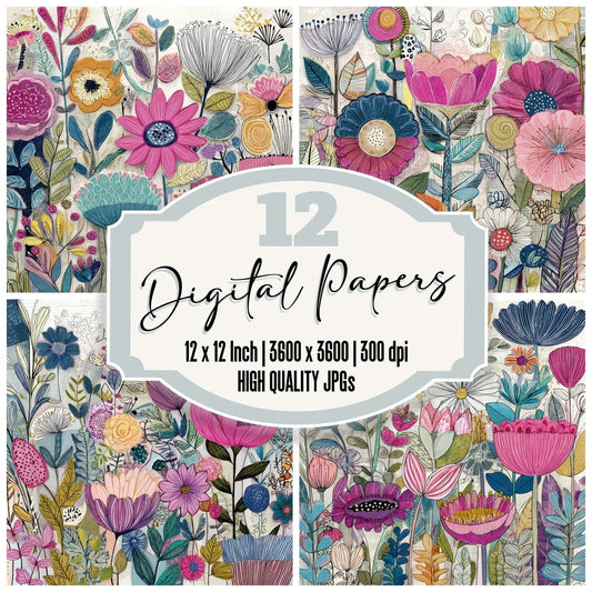Folk Art Floral Watercolour Background Digital Paper Pack (DDD007835)