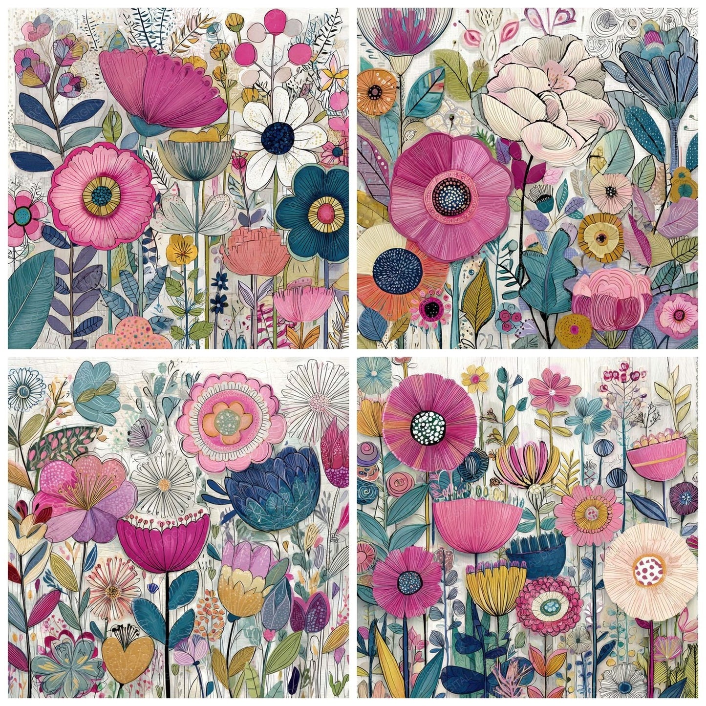 Folk Art Floral Watercolour Background Digital Paper Pack (DDD007835)