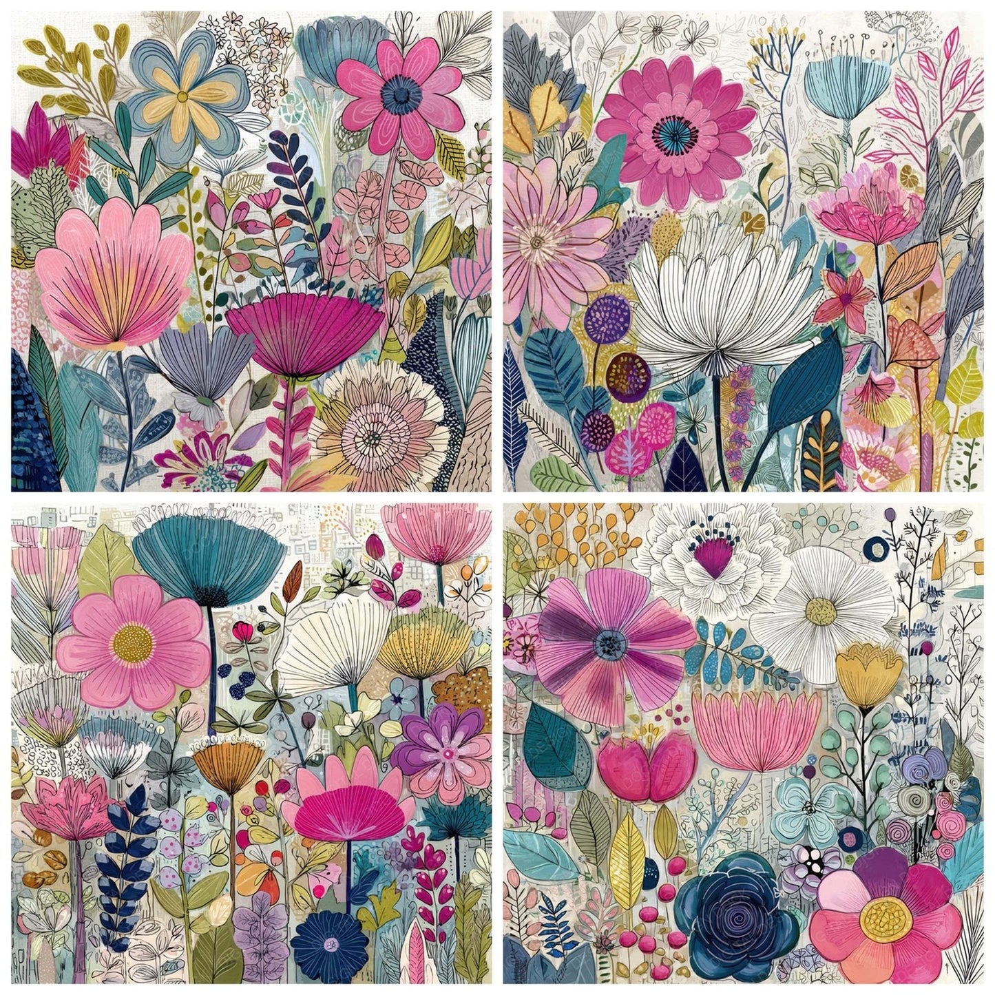Folk Art Floral Watercolour Background Digital Paper Pack (DDD007835)