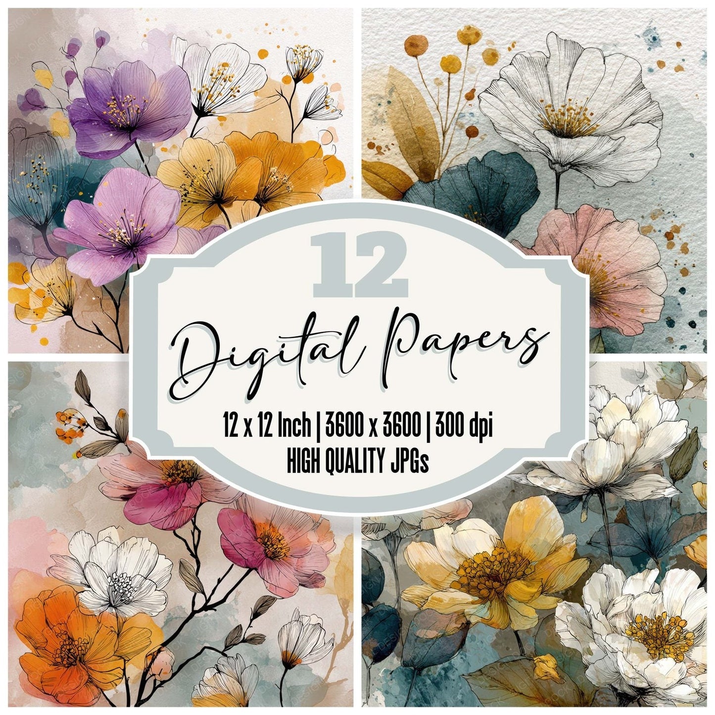 Hand Drawn Ink Wash Floral Background Digital Paper Pack (DDD007837)