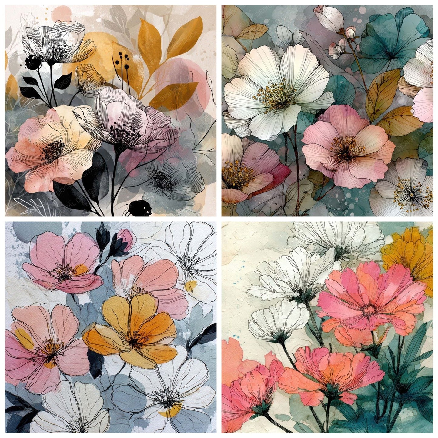 Hand Drawn Ink Wash Floral Background Digital Paper Pack (DDD007837)