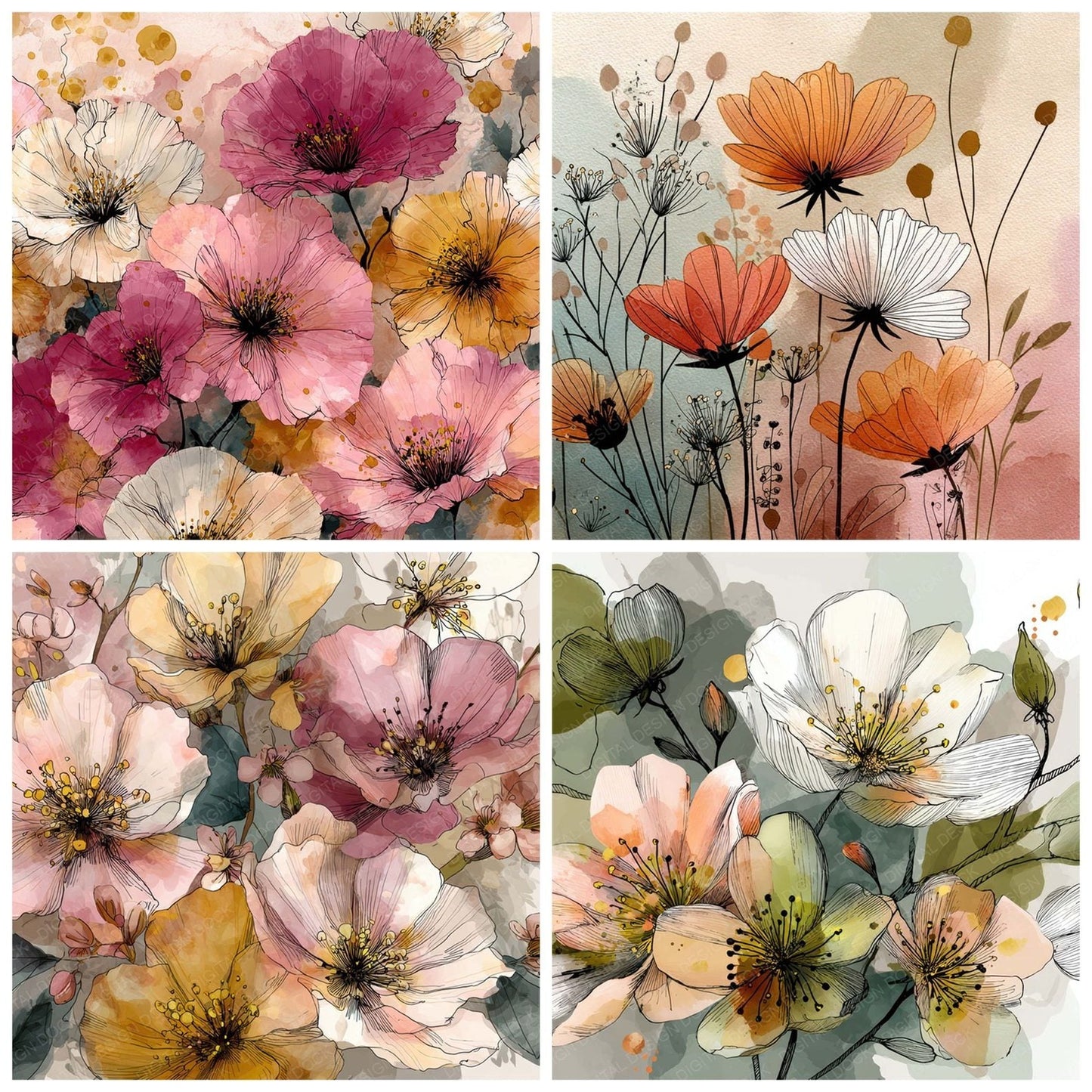 Hand Drawn Ink Wash Floral Background Digital Paper Pack (DDD007837)
