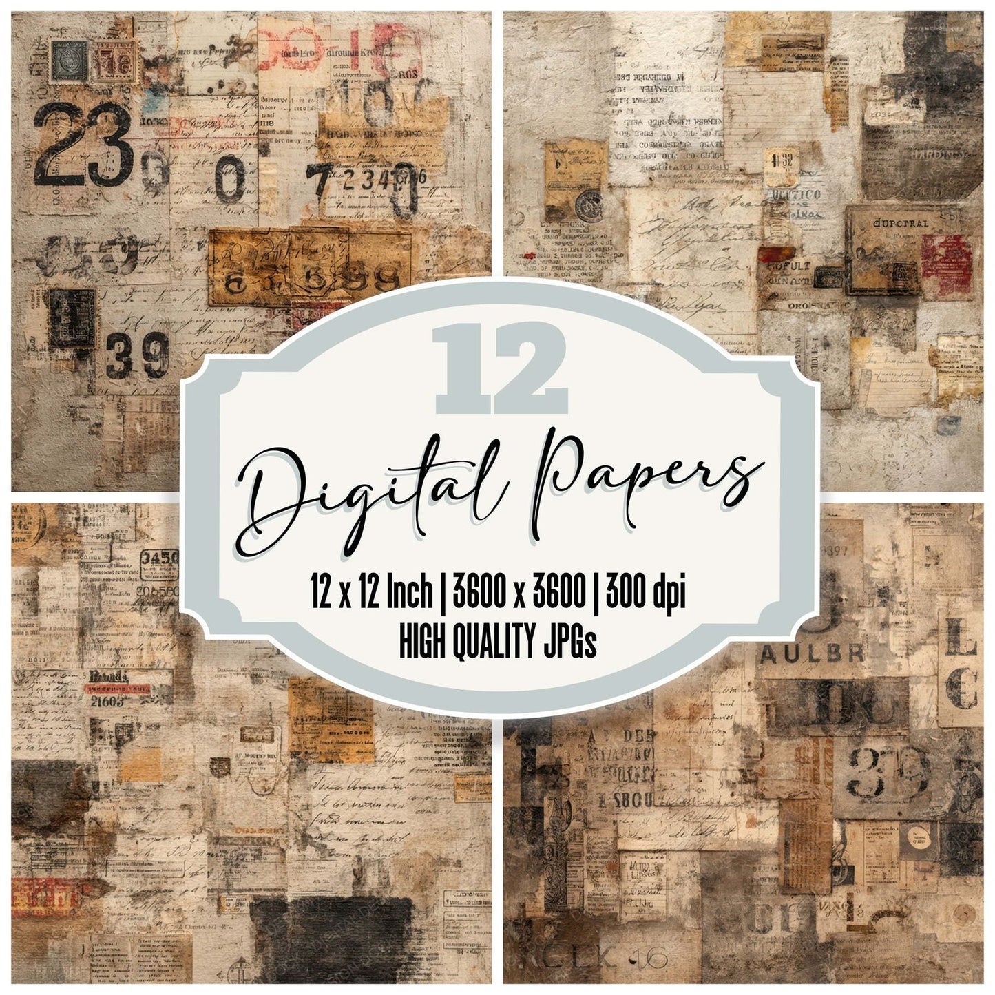 Vintage Typography Ephemera Background Digital Paper Pack (DDD007846)
