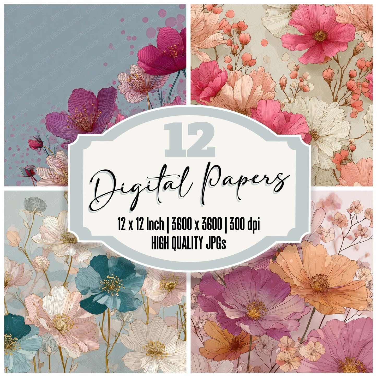Anime Style Floral Drawing Background Digital Paper Pack (DDD007849)