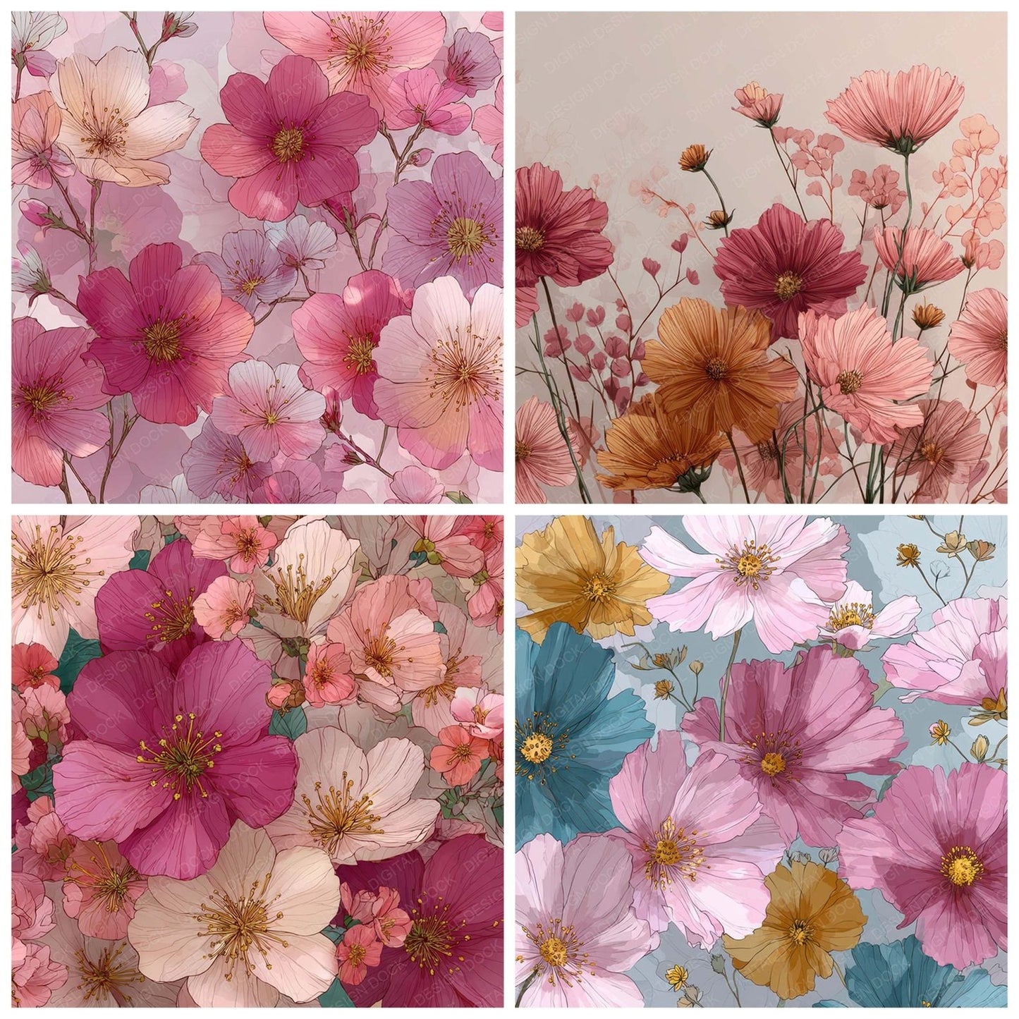 Anime Style Floral Drawing Background Digital Paper Pack (DDD007849)
