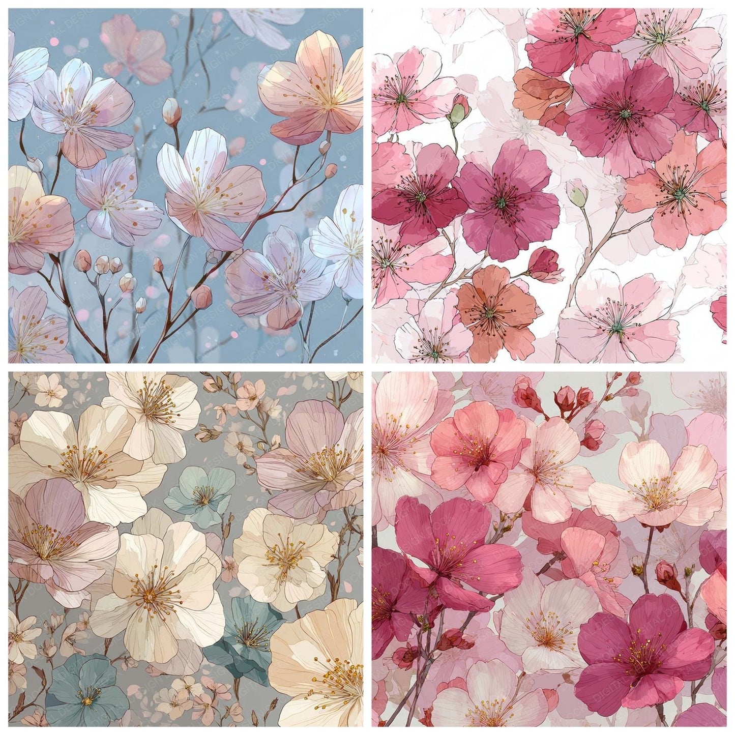 Anime Style Floral Drawing Background Digital Paper Pack (DDD007849)