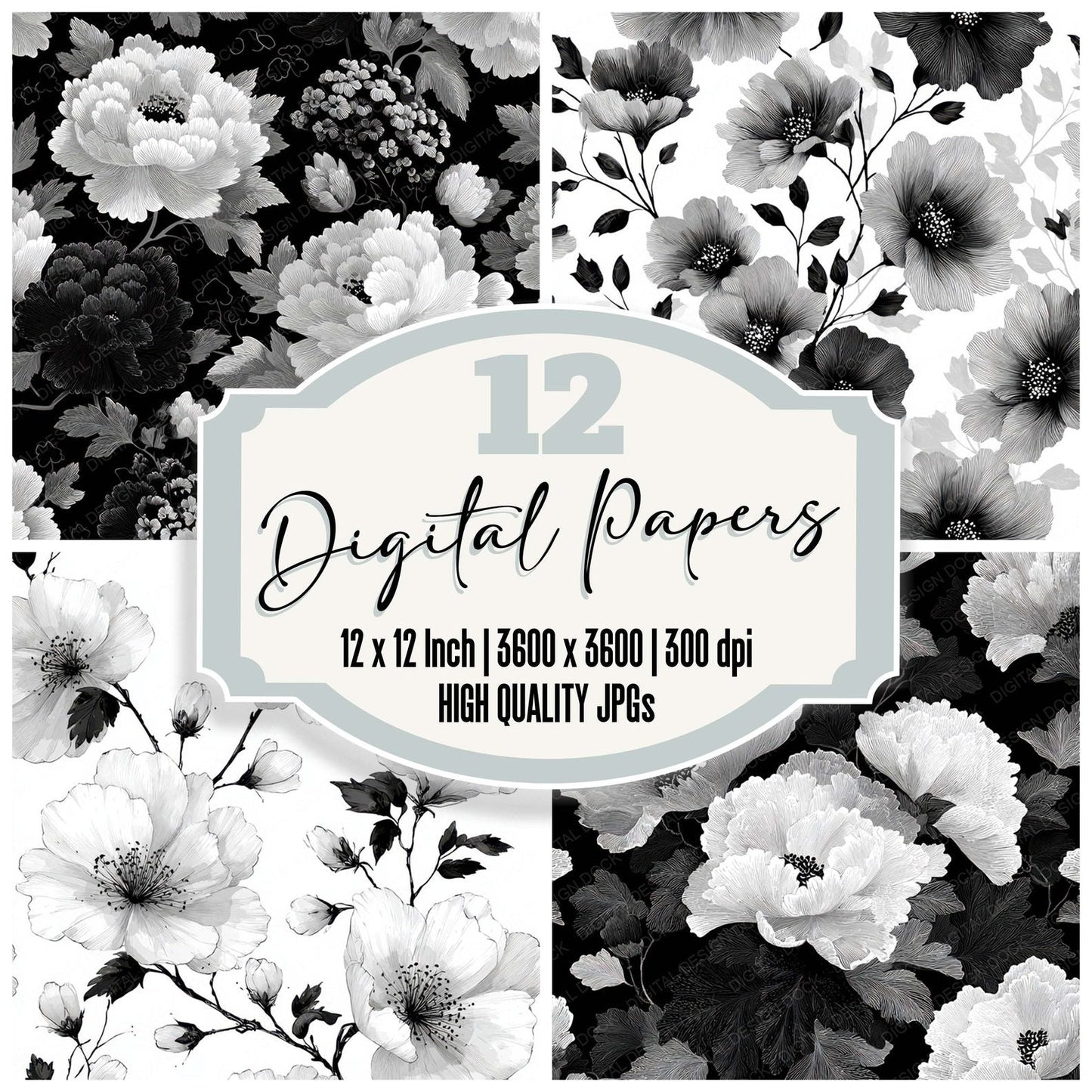 Balck Japanese Ink Floral Background Digital Paper Pack (DDD007850)