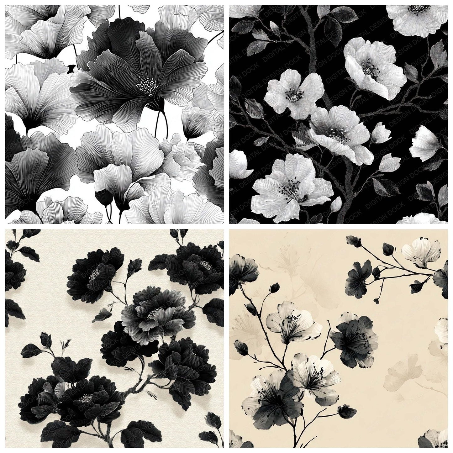 Balck Japanese Ink Floral Background Digital Paper Pack (DDD007850)