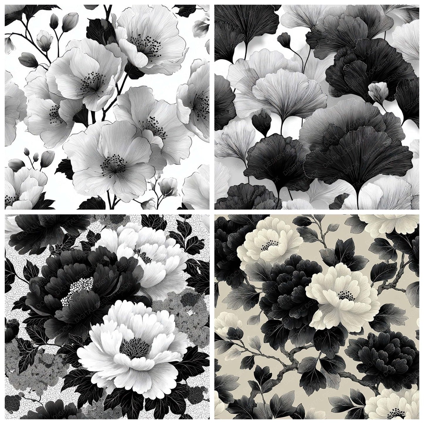 Balck Japanese Ink Floral Background Digital Paper Pack (DDD007850)