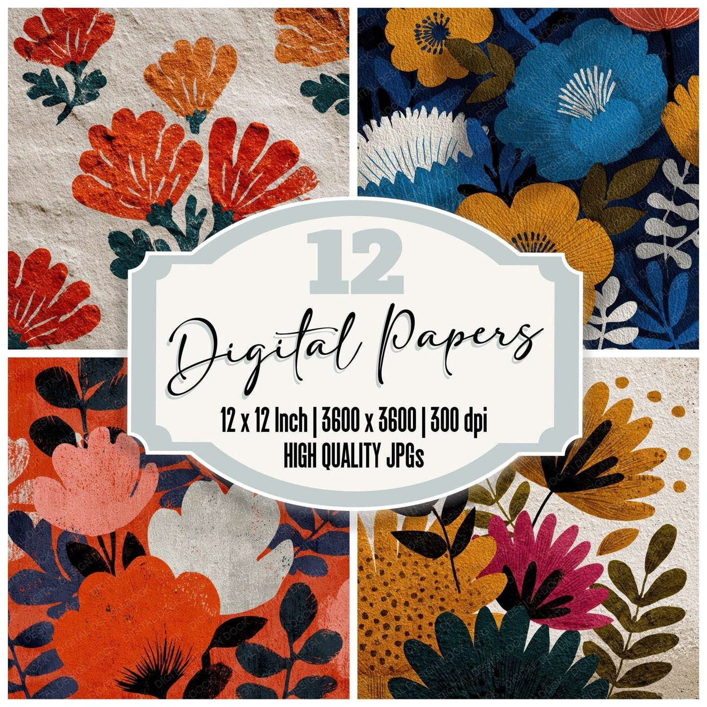 Block Print Floral Background Digital Paper Pack (DDD007851)