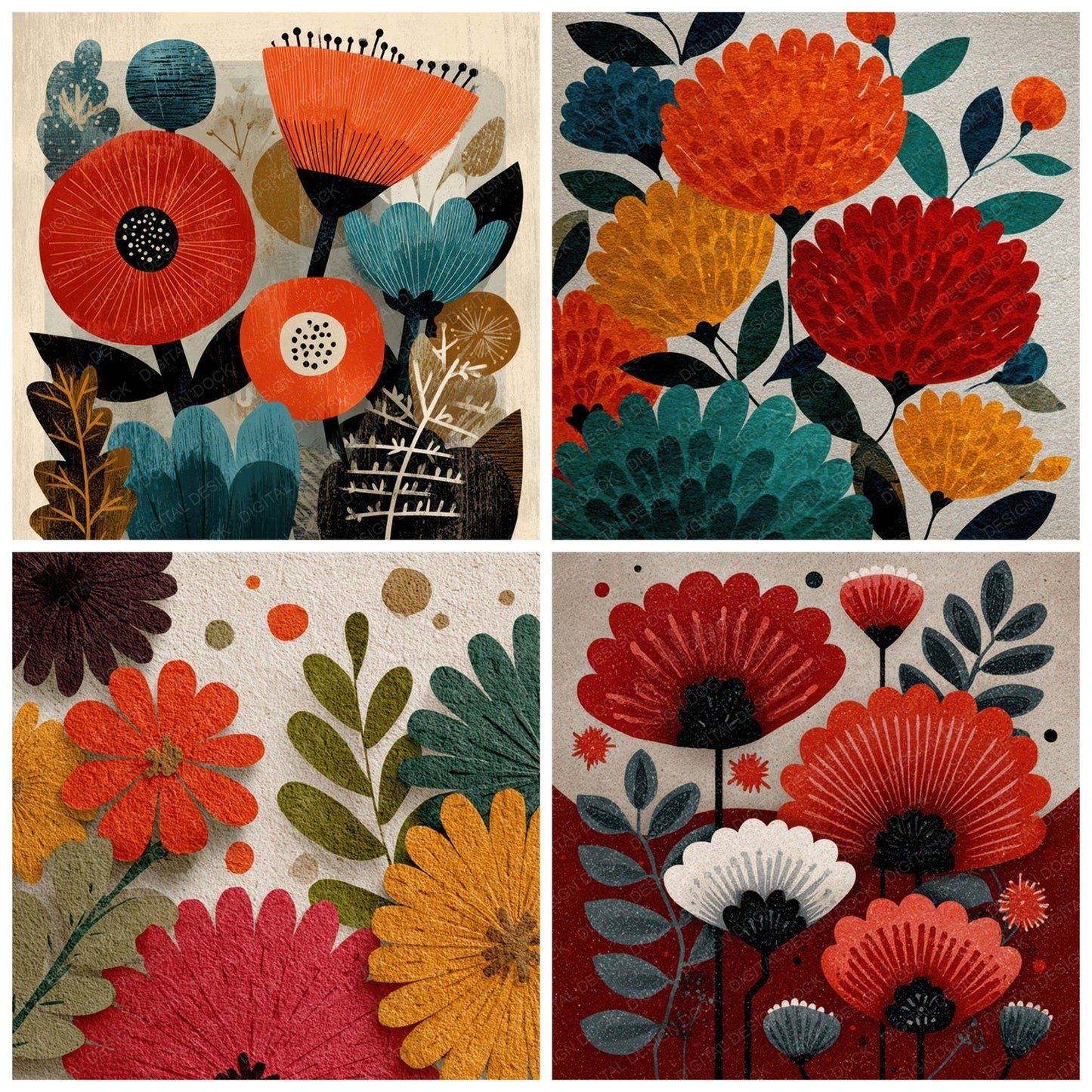 Block Print Floral Background Digital Paper Pack (DDD007851)