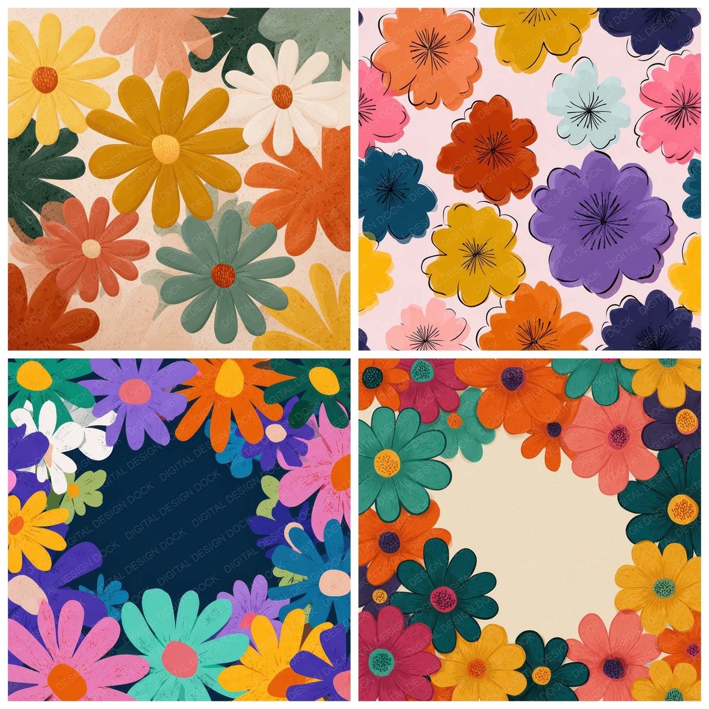 Cartoon Floral Background Digital Paper Pack (DDD007852)