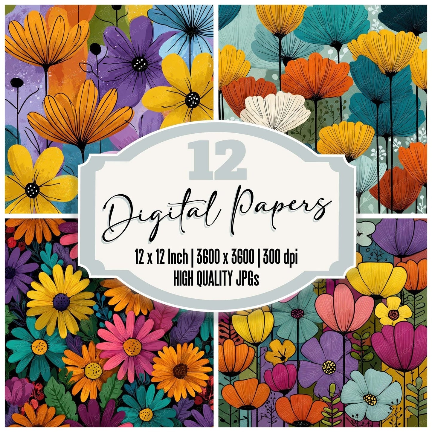 Cartoon Floral Drawing Background Digital Paper Pack (DDD007853)