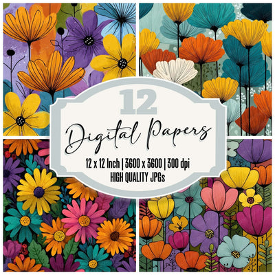 Cartoon Floral Drawing Background Digital Paper Pack (DDD007853)
