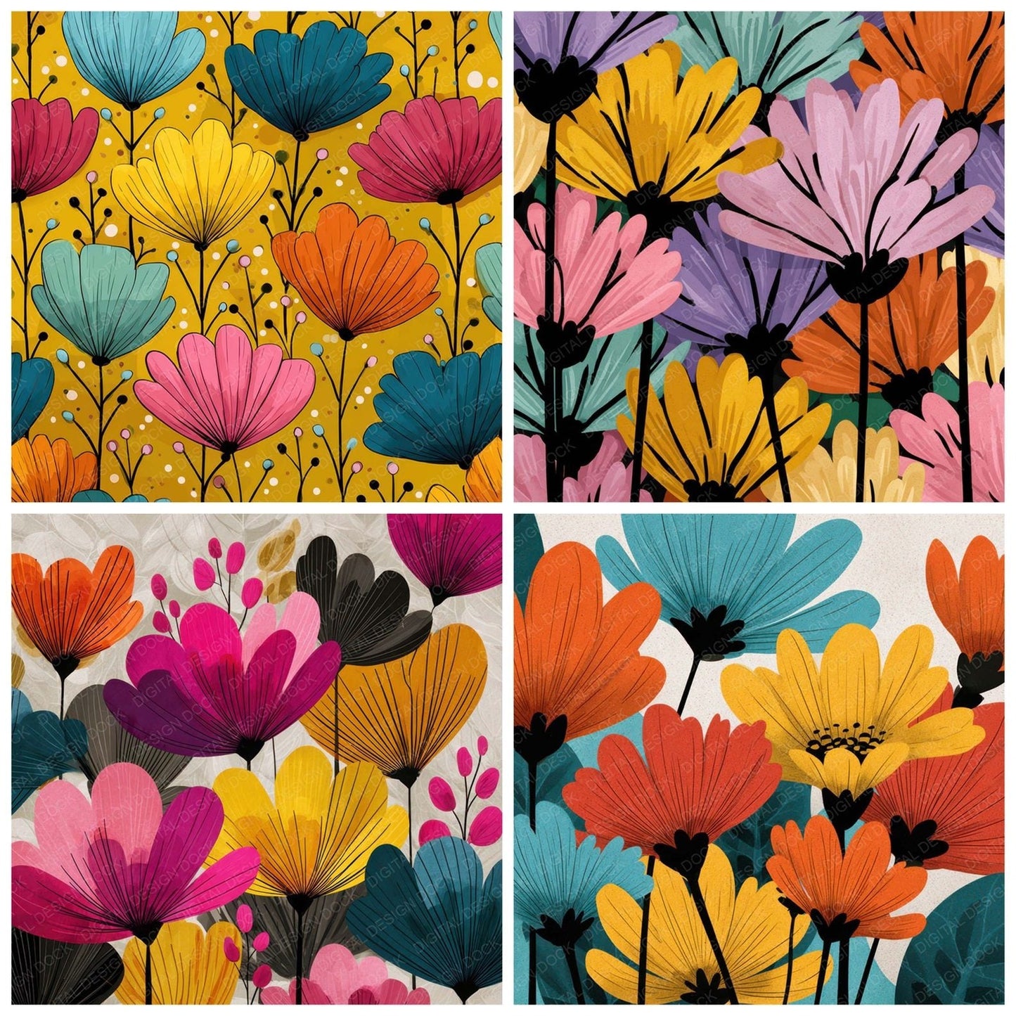 Cartoon Floral Drawing Background Digital Paper Pack (DDD007853)
