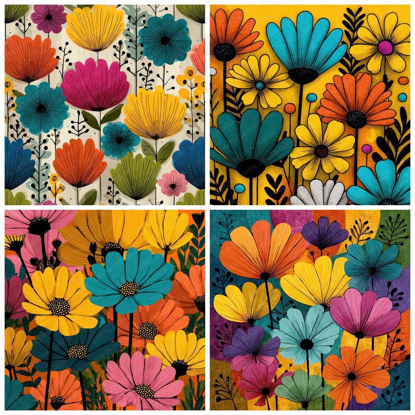 Cartoon Floral Drawing Background Digital Paper Pack (DDD007853)
