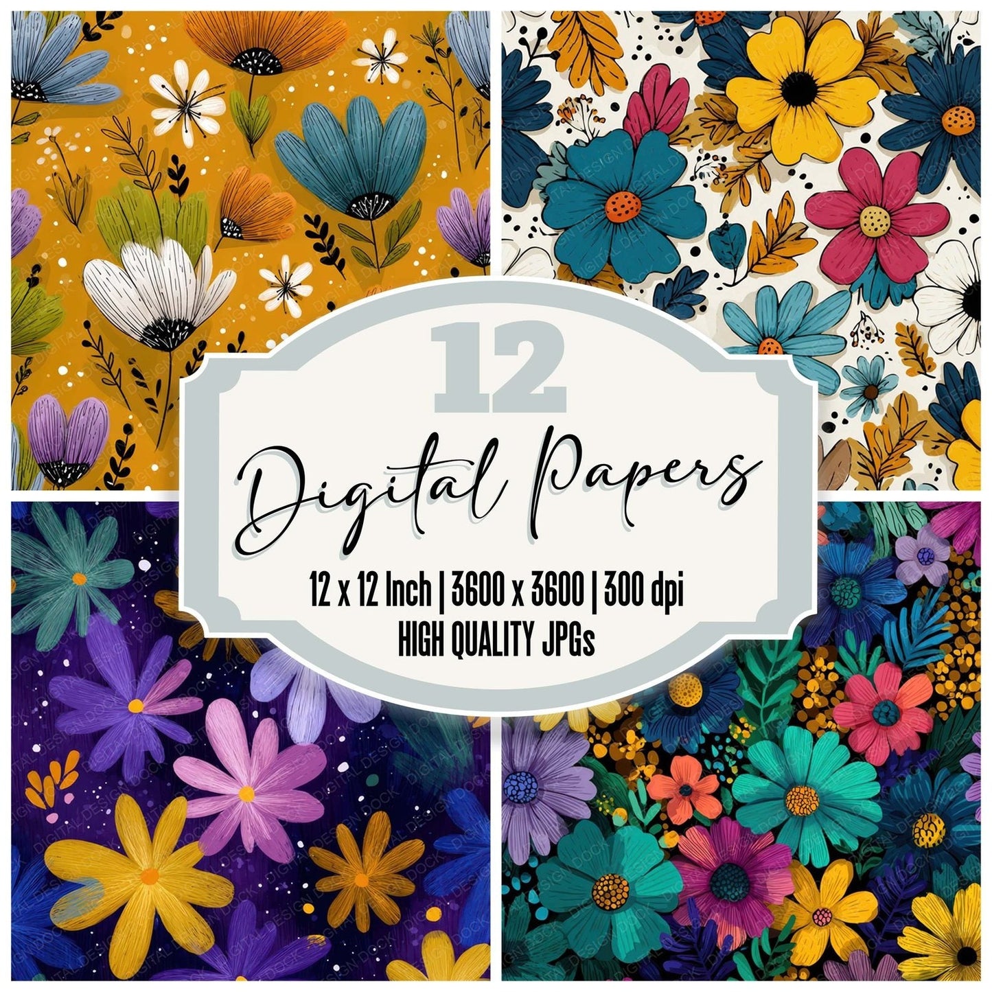 Doodle Cartoon Floral Background Digital Paper Pack (DDD007855)