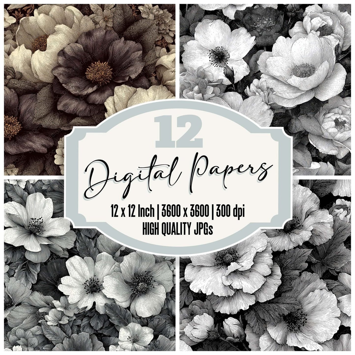 Etched Floral Background Digital Paper Pack (DDD007856)