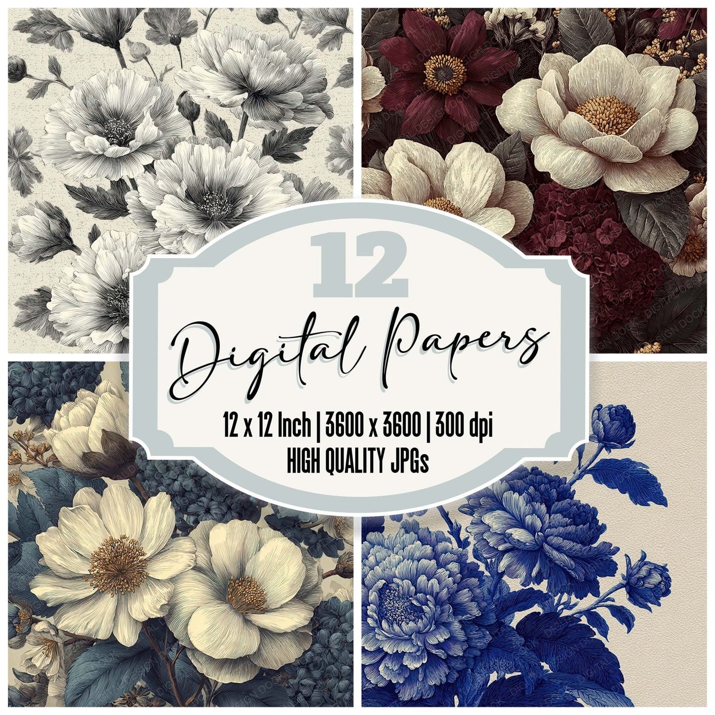 Etched Floral Drawing Background Digital Paper Pack (DDD007857)