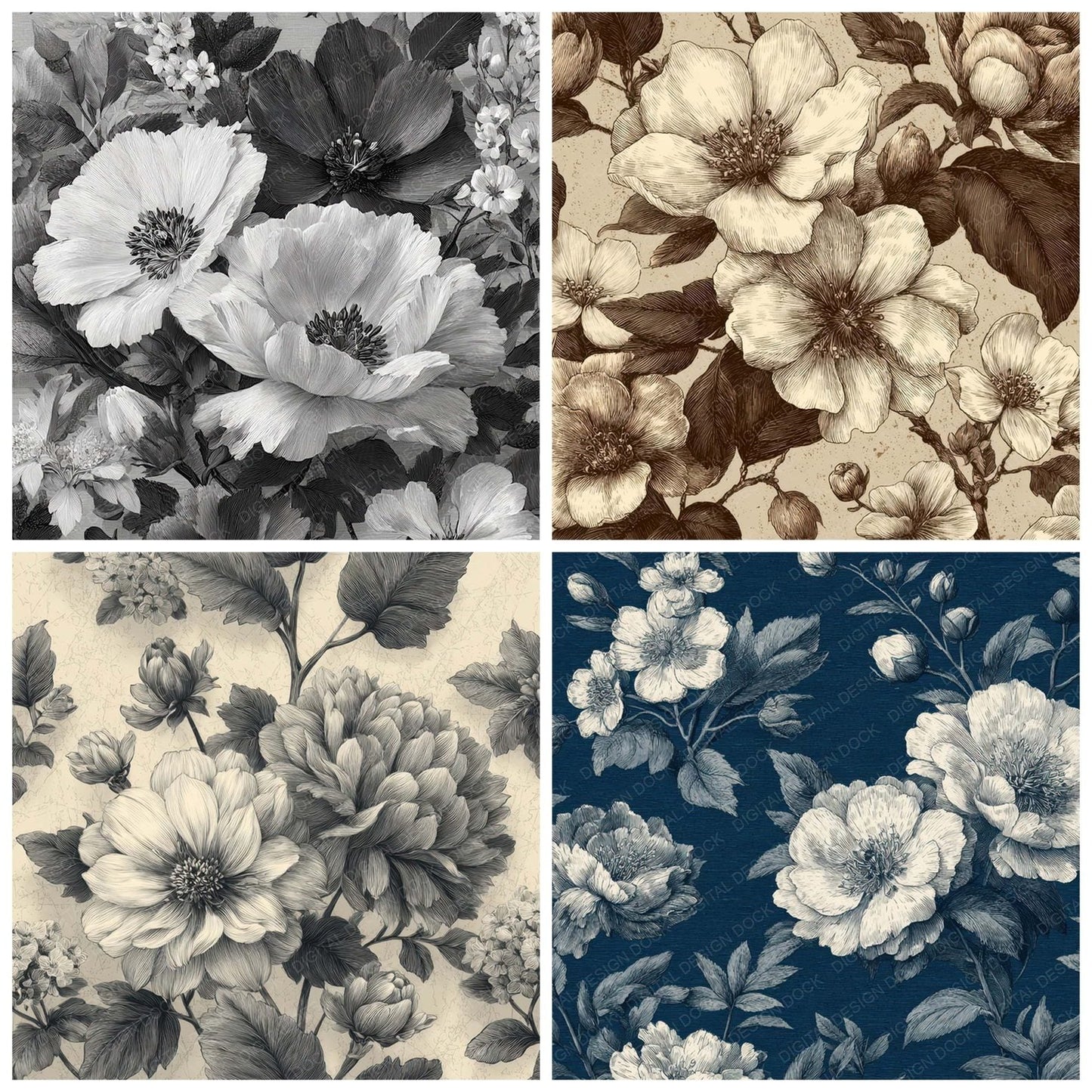 Etched Floral Drawing Background Digital Paper Pack (DDD007857)