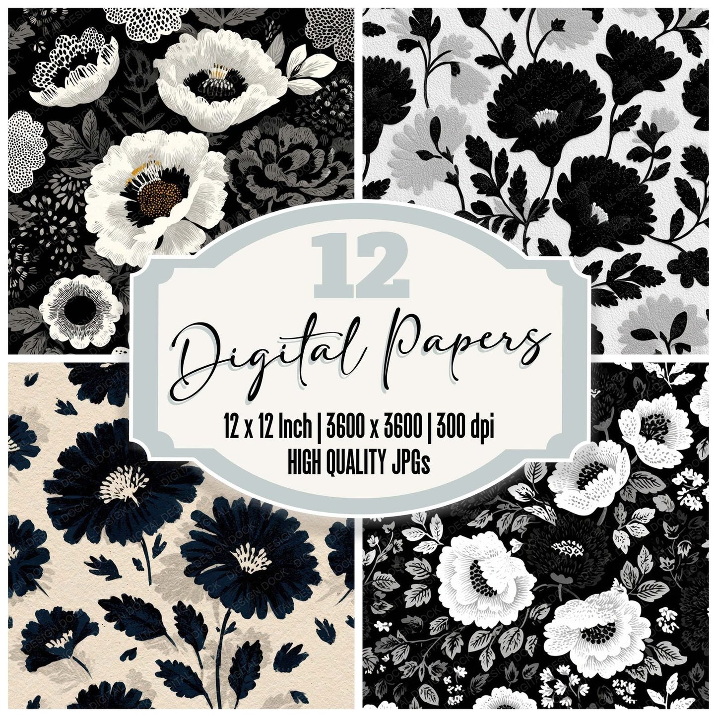 Folk Block Floral Background Digital Paper Pack (DDD007858)