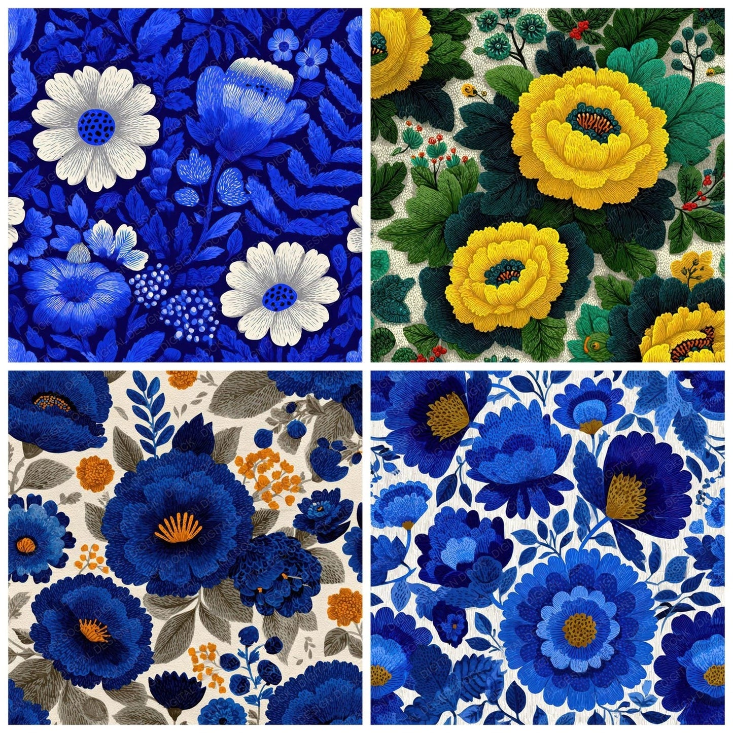 Folk Block Floral Background Digital Paper Pack (DDD007858)