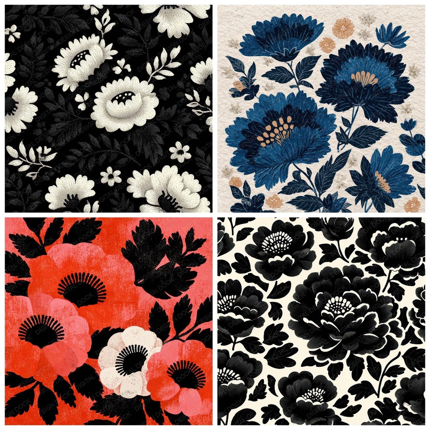 Folk Block Floral Background Digital Paper Pack (DDD007858)