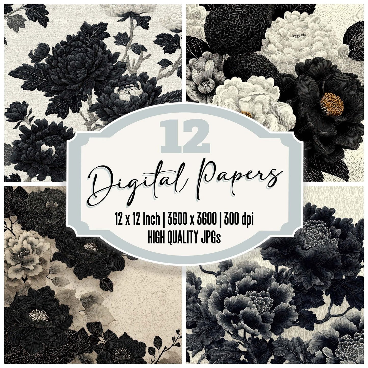 Japanese Ink Floral Background Digital Paper Pack (DDD007859)