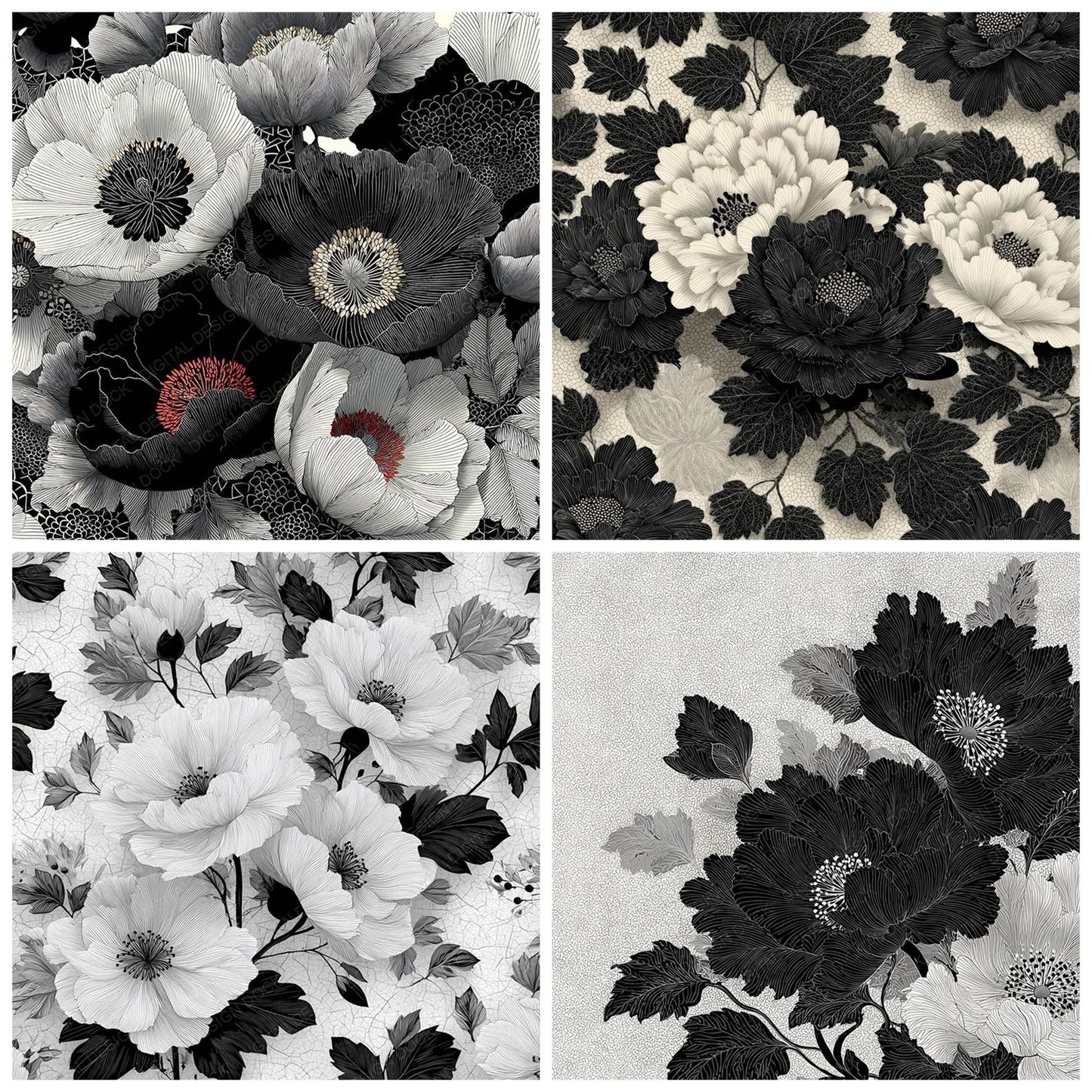 Japanese Ink Floral Background Digital Paper Pack (DDD007859)