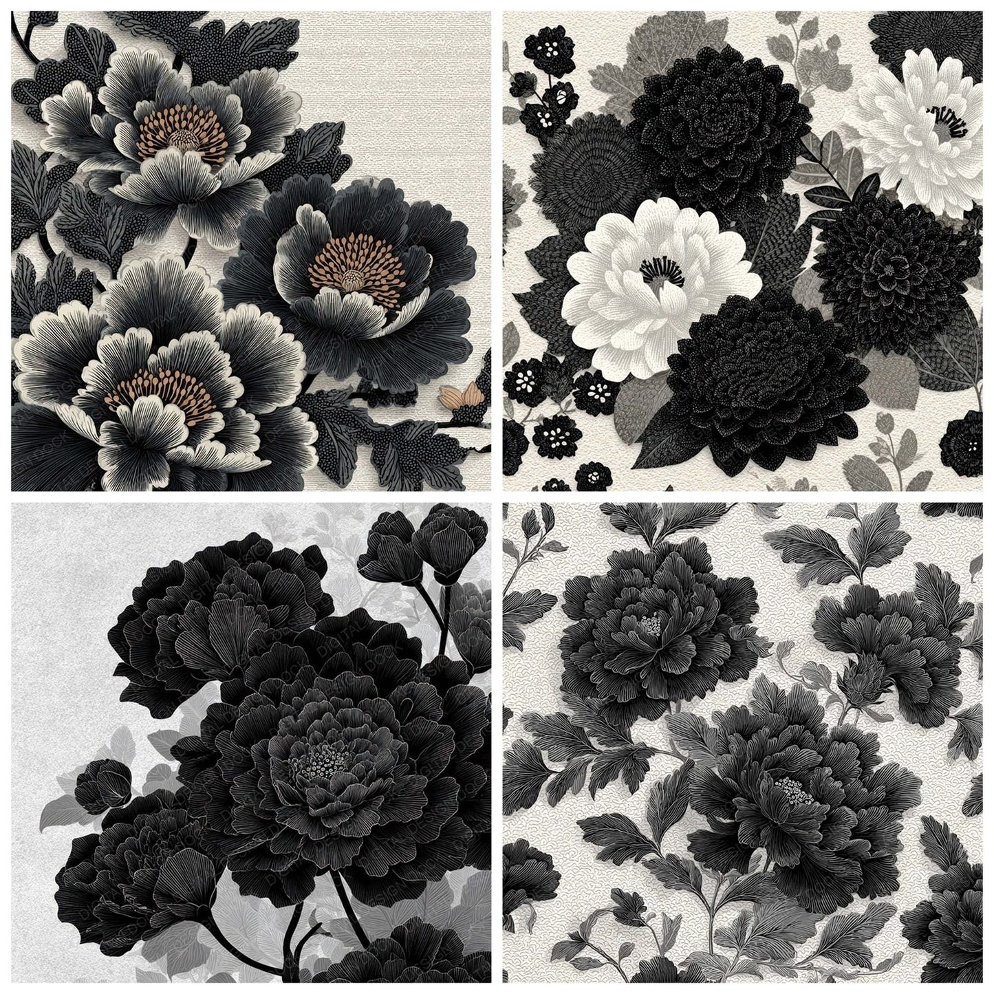 Japanese Ink Floral Background Digital Paper Pack (DDD007859)