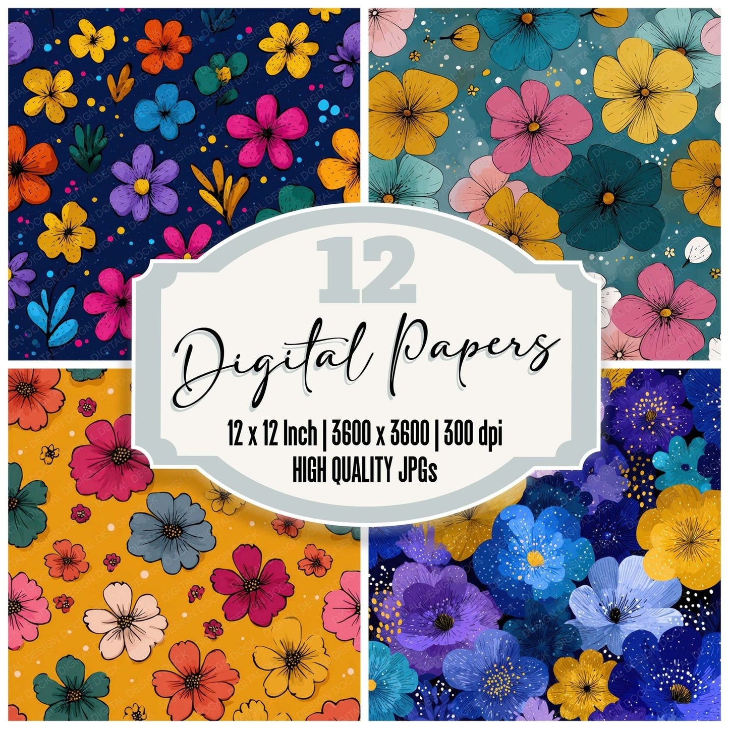 Naive Cartoon Floral Background Digital Paper Pack (DDD007861)