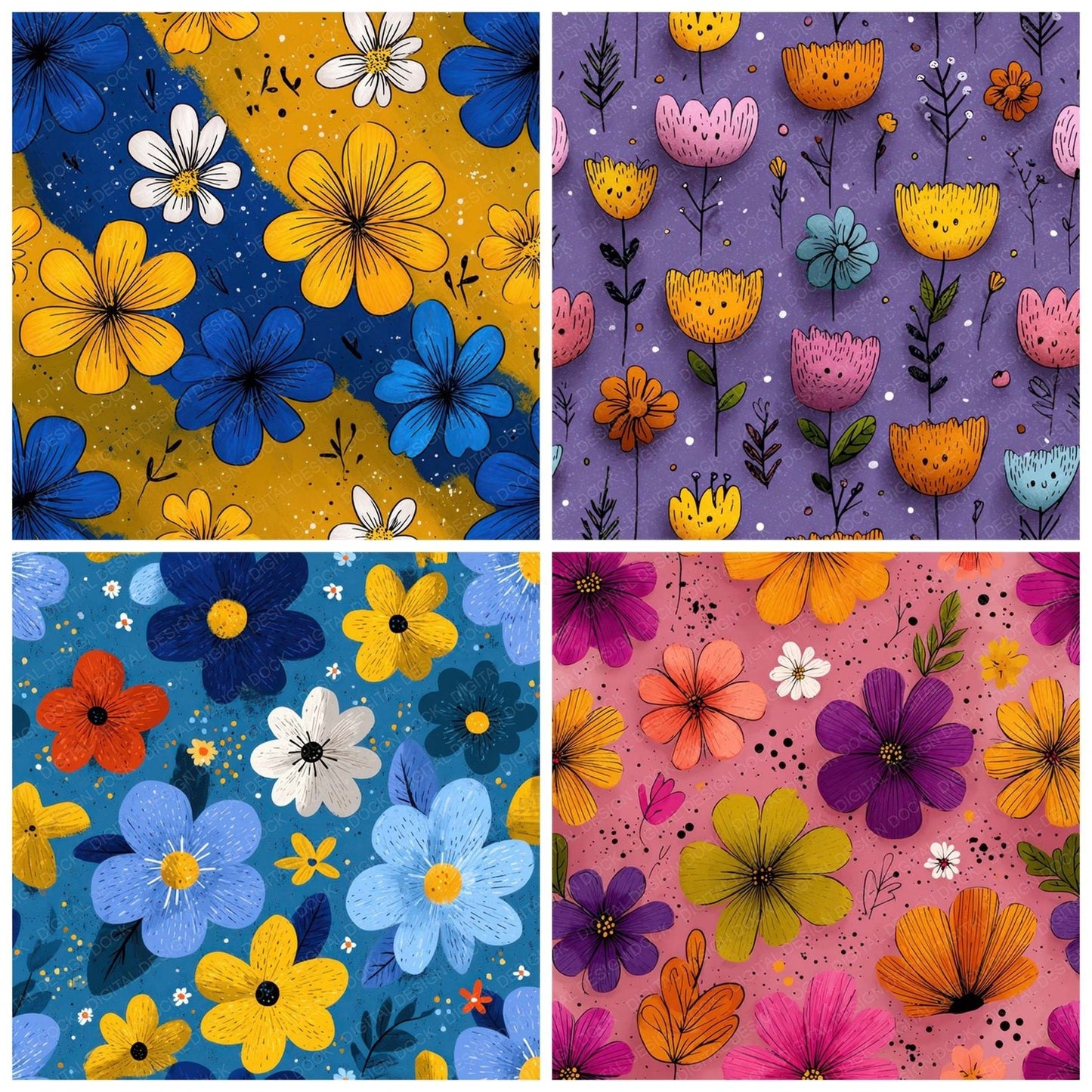 Naive Cartoon Floral Background Digital Paper Pack (DDD007861)