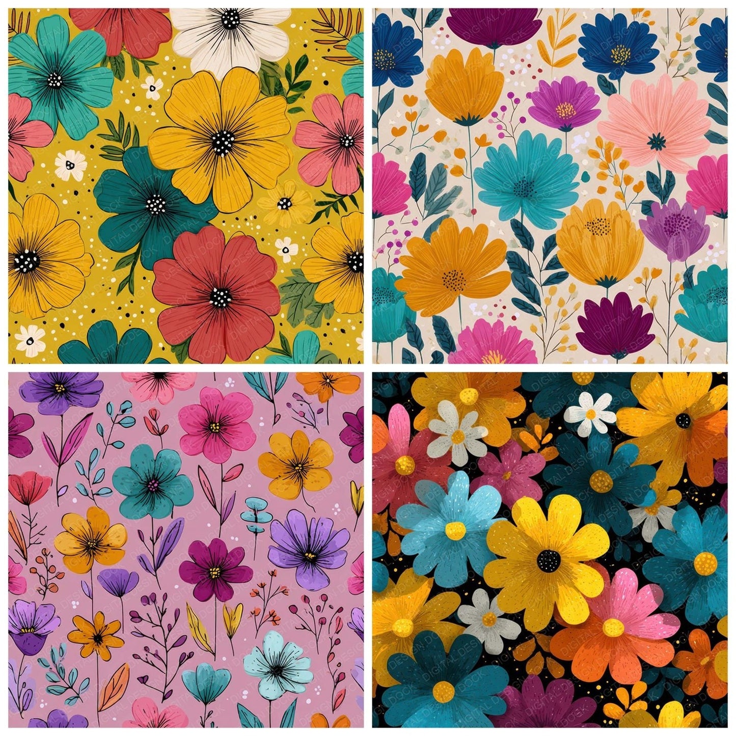 Naive Cartoon Floral Background Digital Paper Pack (DDD007861)