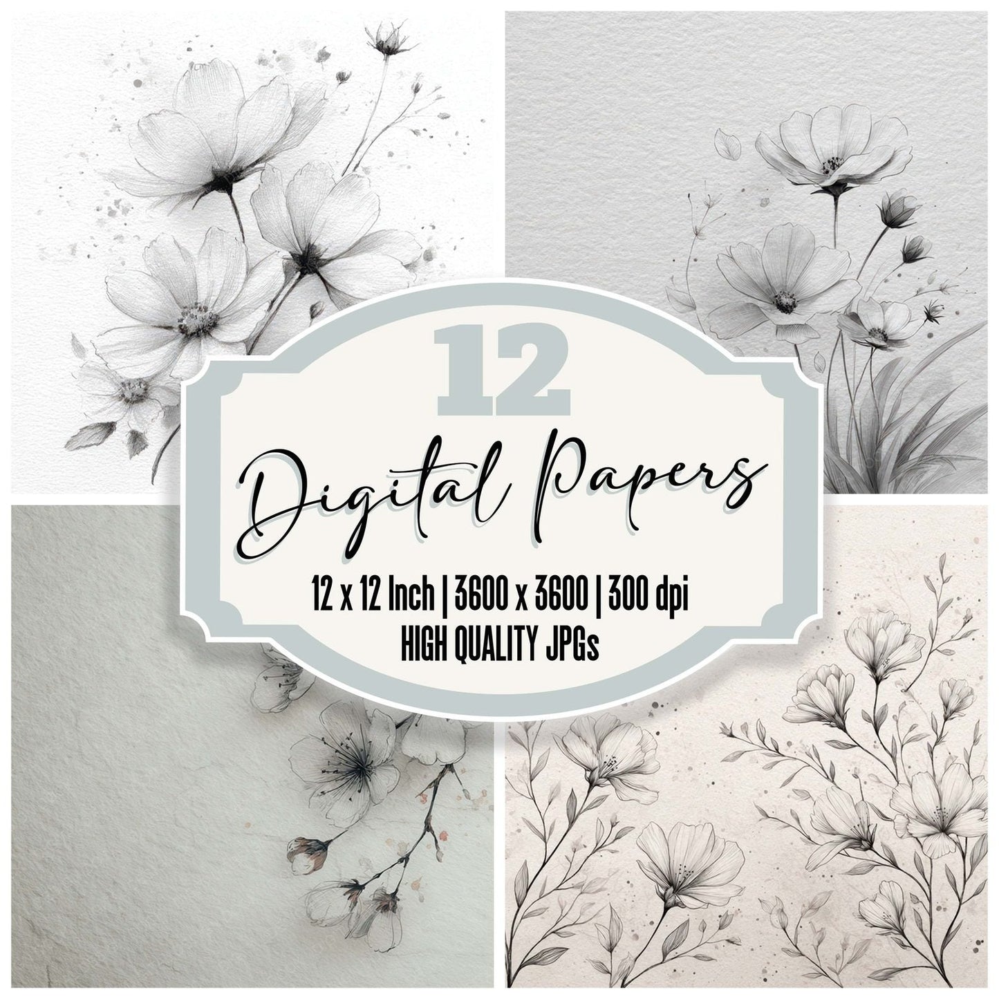 Pencil Sketch Floral Background Digital Paper Pack (DDD007862)