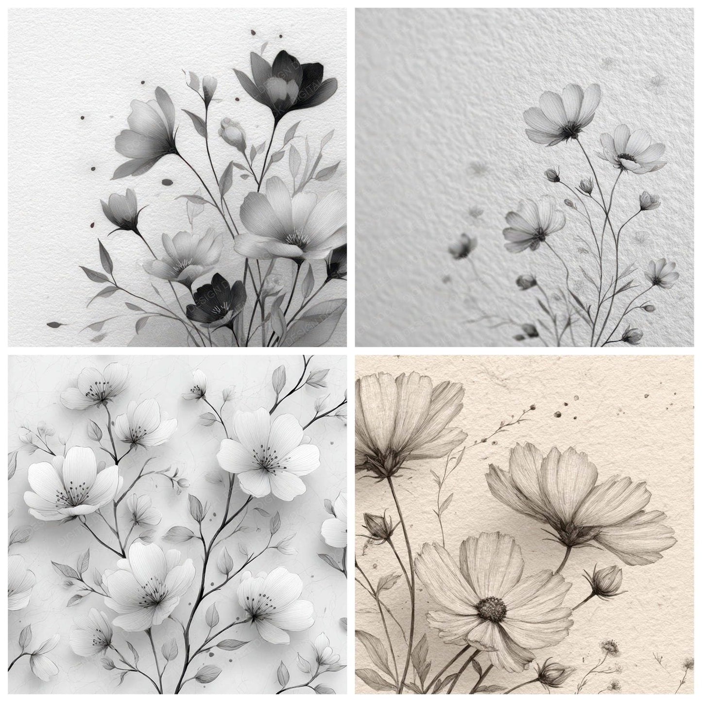 Pencil Sketch Floral Background Digital Paper Pack (DDD007862)