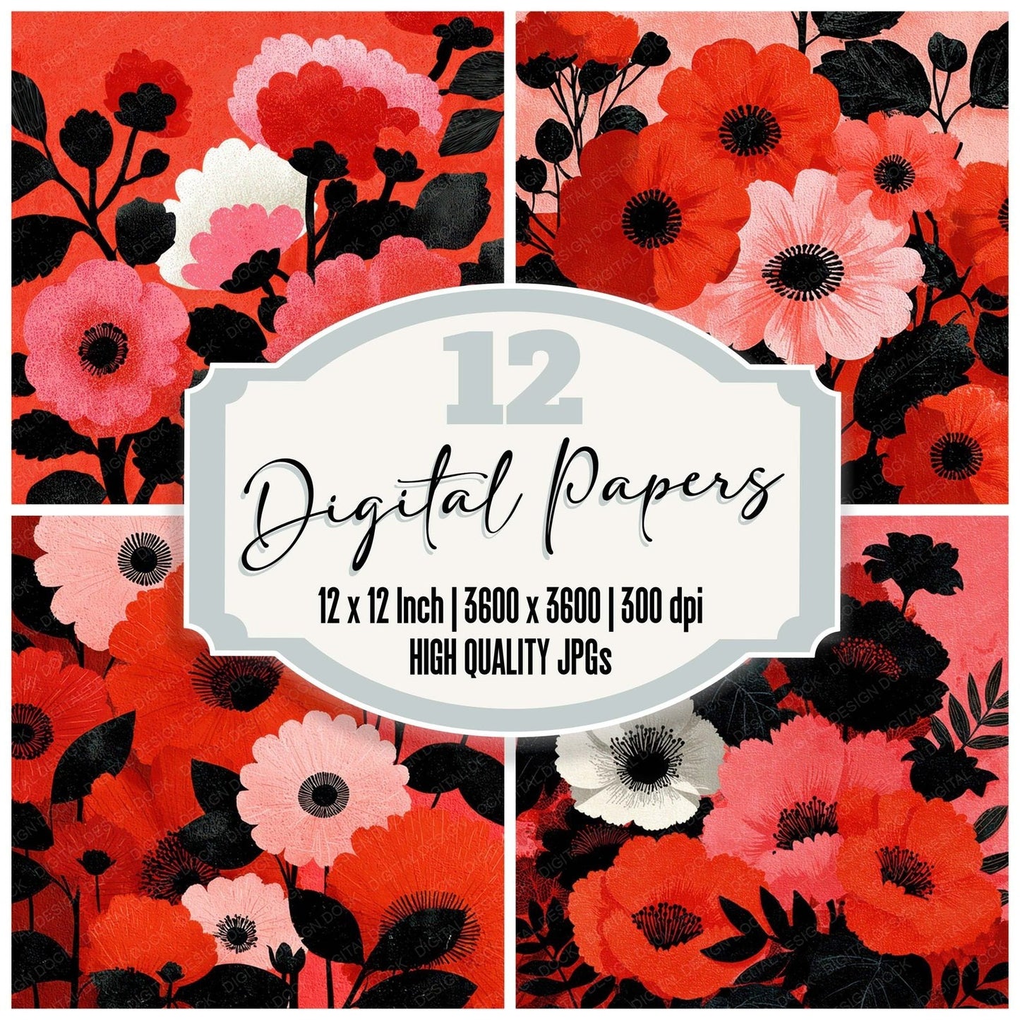 Red Folk Block Floral Background Digital Paper Pack (DDD007864)