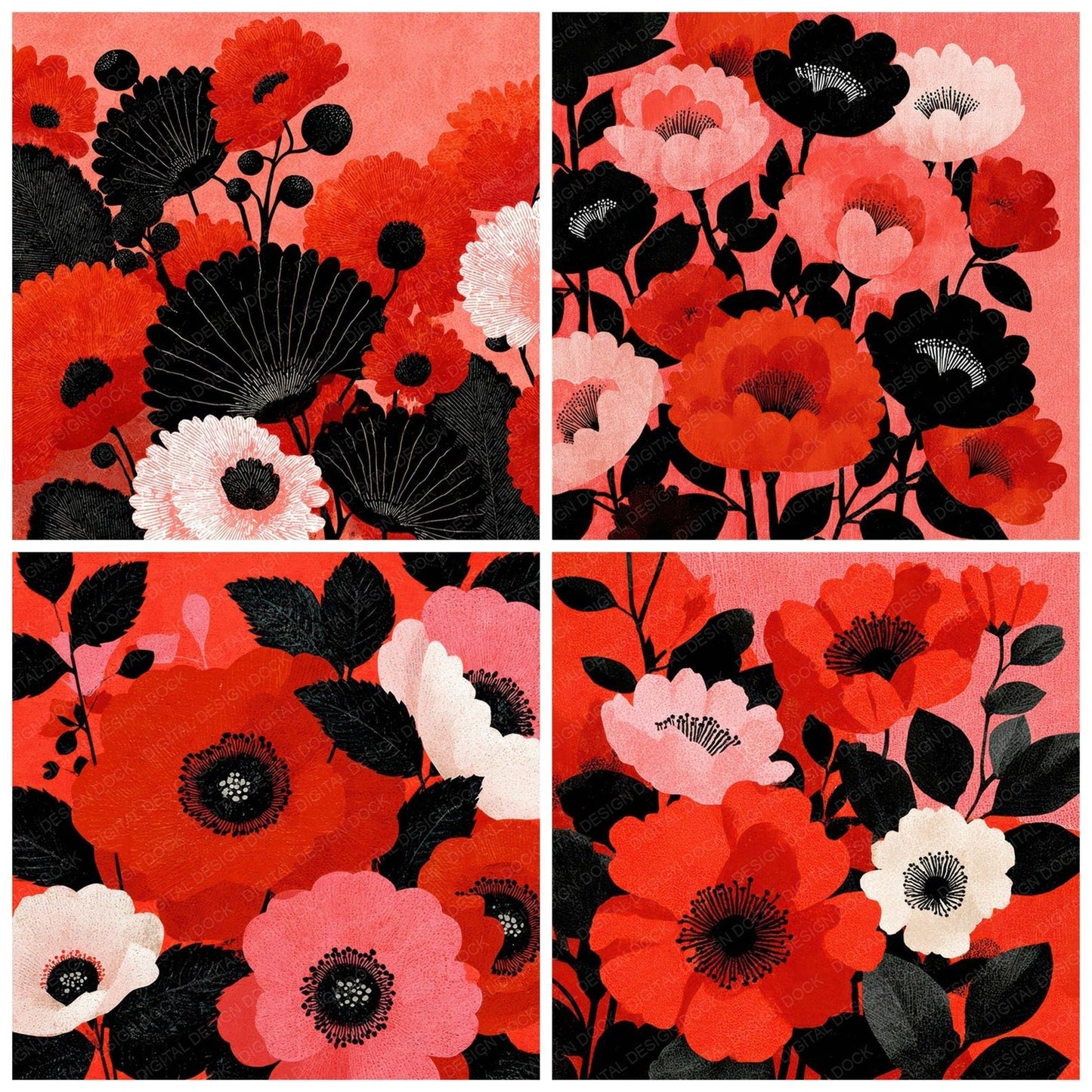 Red Folk Block Floral Background Digital Paper Pack (DDD007864)