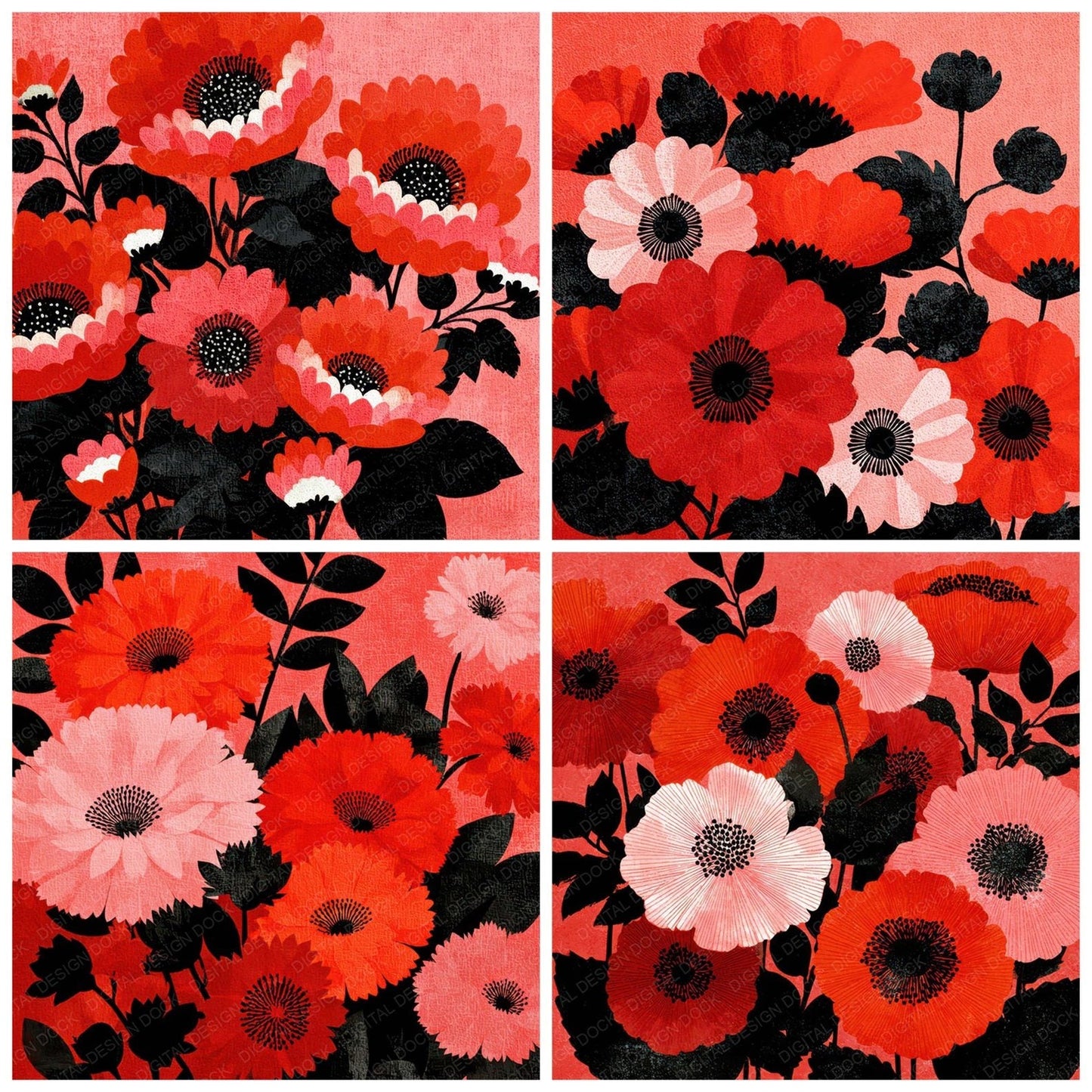Red Folk Block Floral Background Digital Paper Pack (DDD007864)