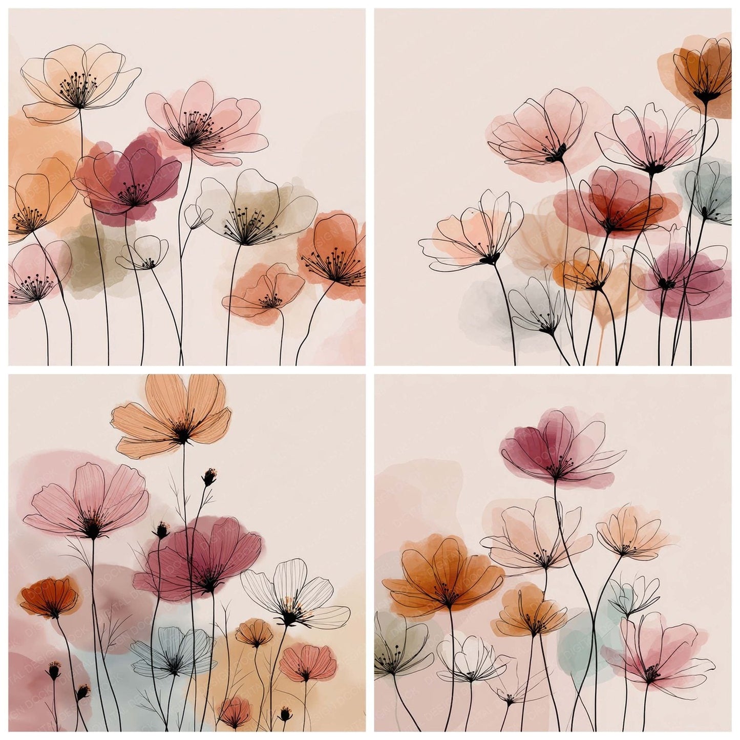 Waterercolour Clean Line Floral Background Digital Paper Pack (DDD007866)
